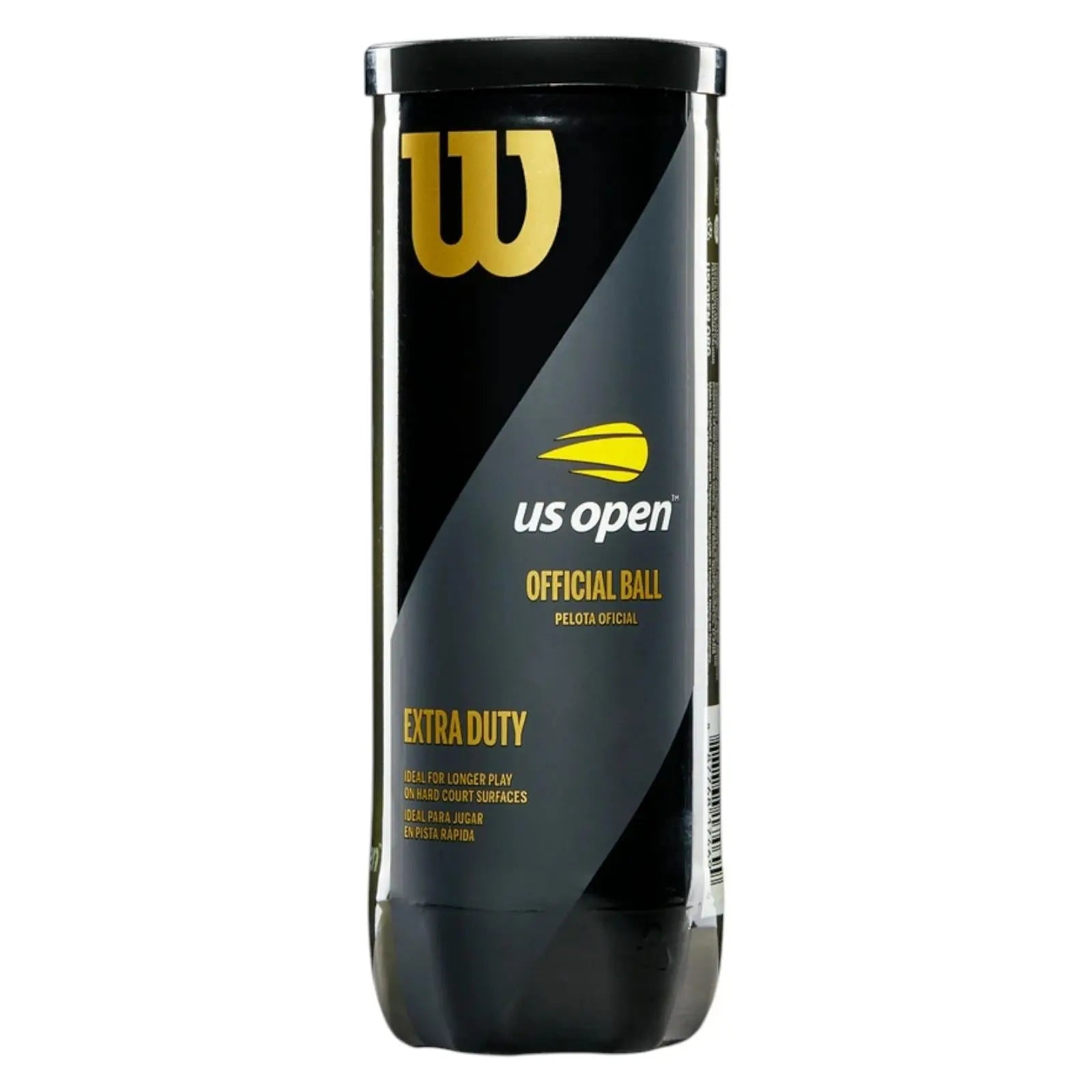 Wilson US Open Extra Duty tennis balls in a black and gold 3-ball can, ideal for hard courts.