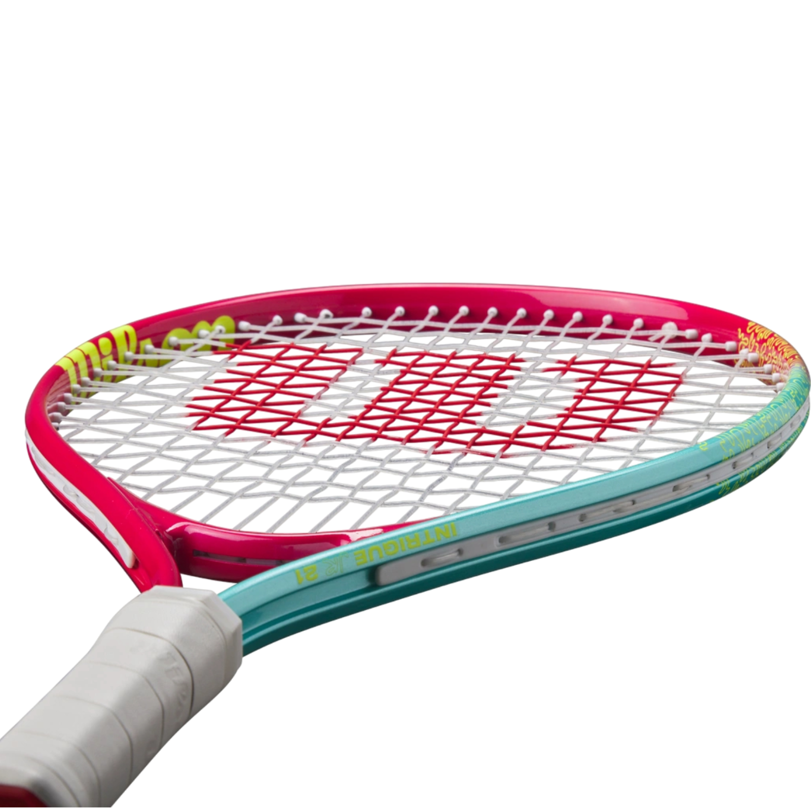Wilson Intrigue Jr 21 tennis racquet with pink, teal, and yellow accents, red strings, and white grip.