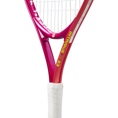 Wilson Intrigue Jr 23 tennis racquet with pink and red frame, white strings, and grip.