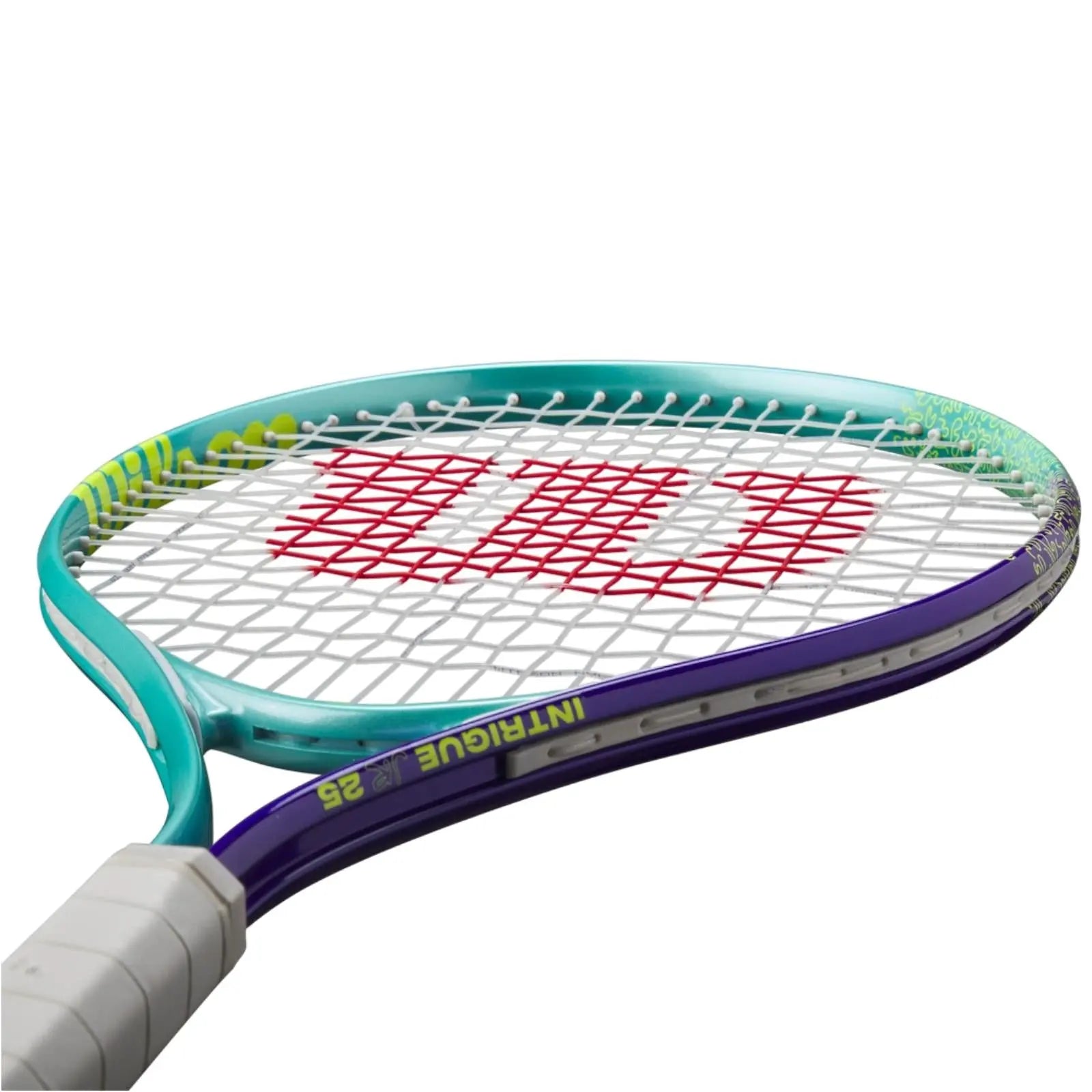 Wilson Intrigue Jr 25 tennis racquet in vibrant teal, purple, and yellow with red strings.