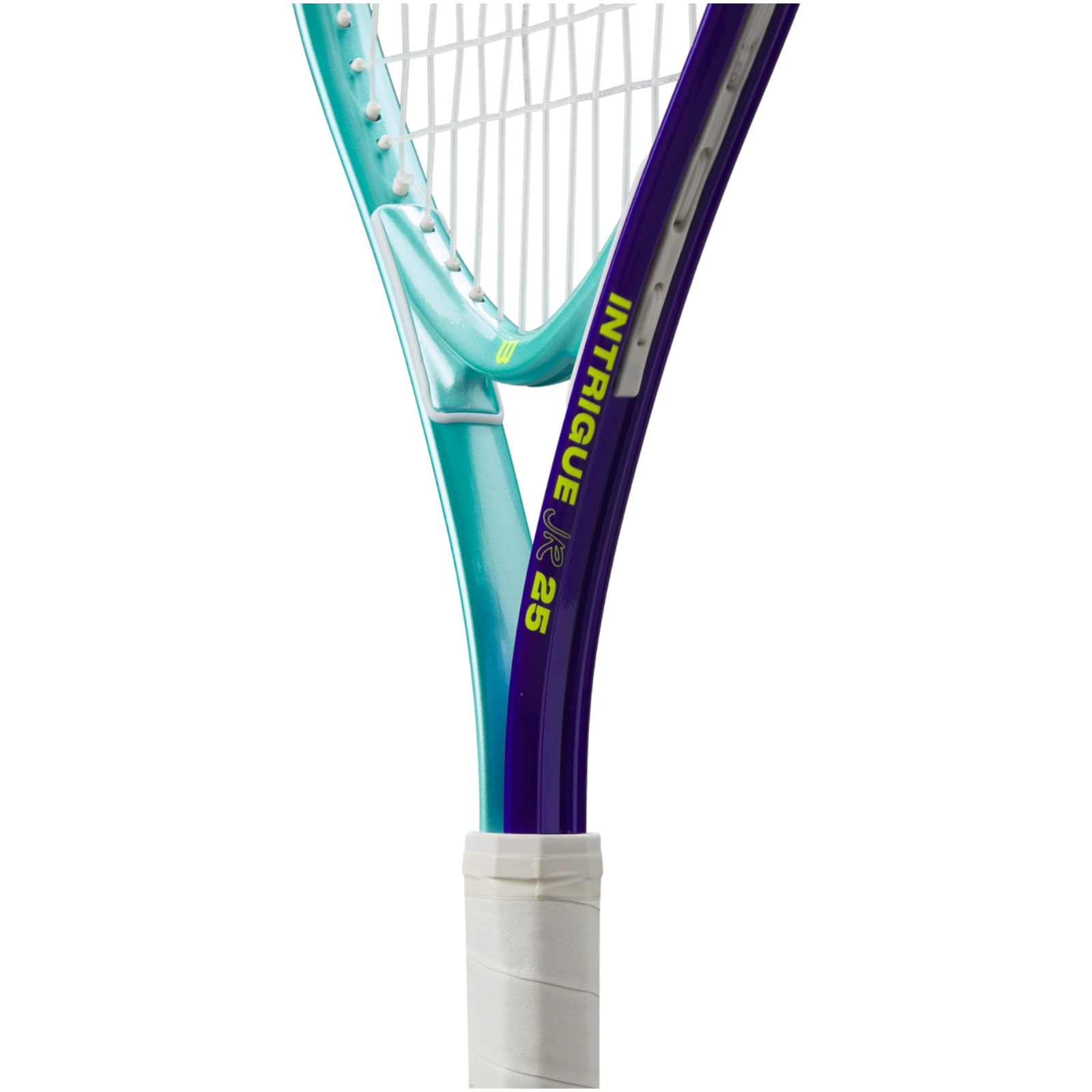 Wilson Intrigue Jr 25 tennis racquet with vibrant teal and purple frame, white strings, and grip.