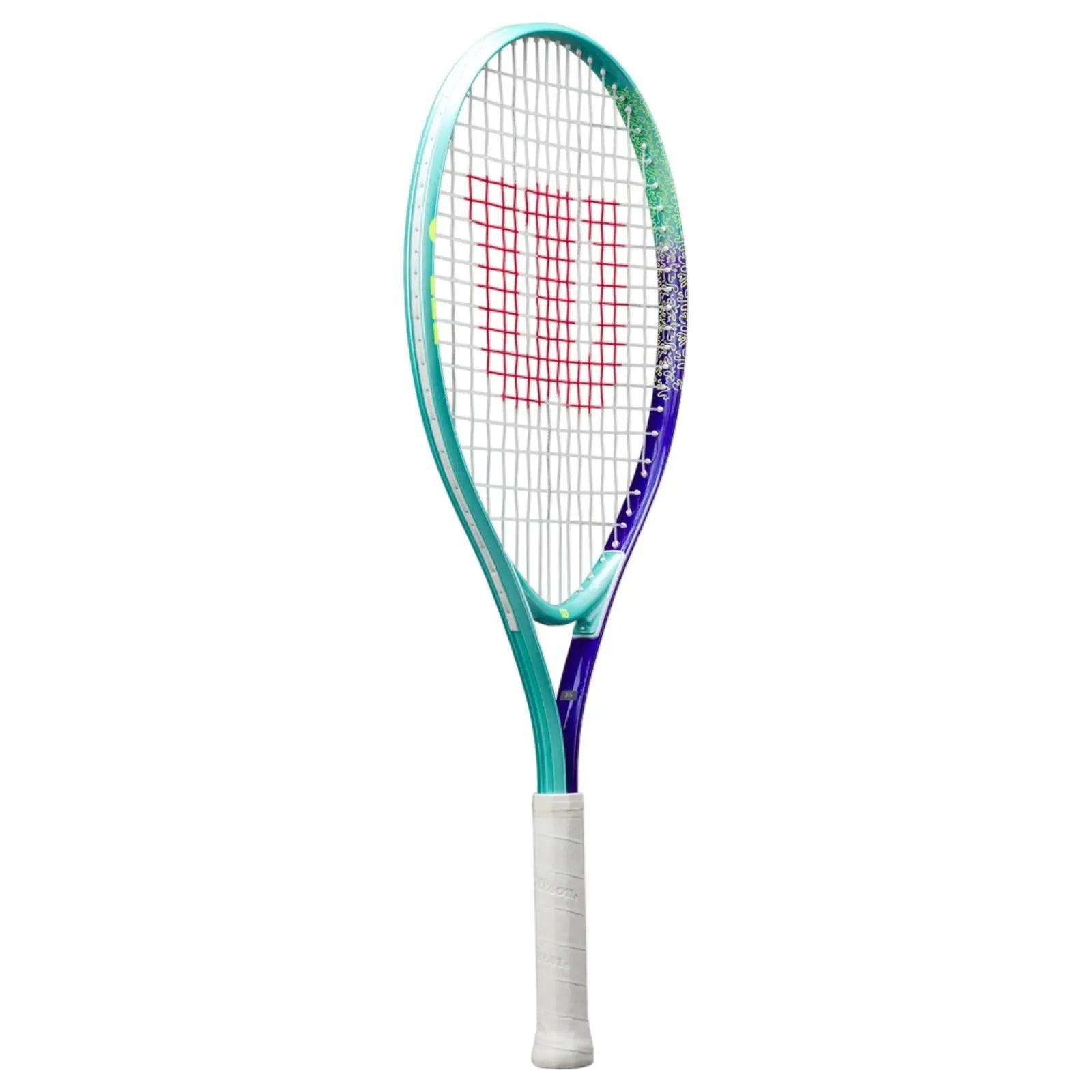 Wilson Intrigue Jr 25 tennis racquet with a vibrant teal, purple, and green frame, white grip, and red strings.
