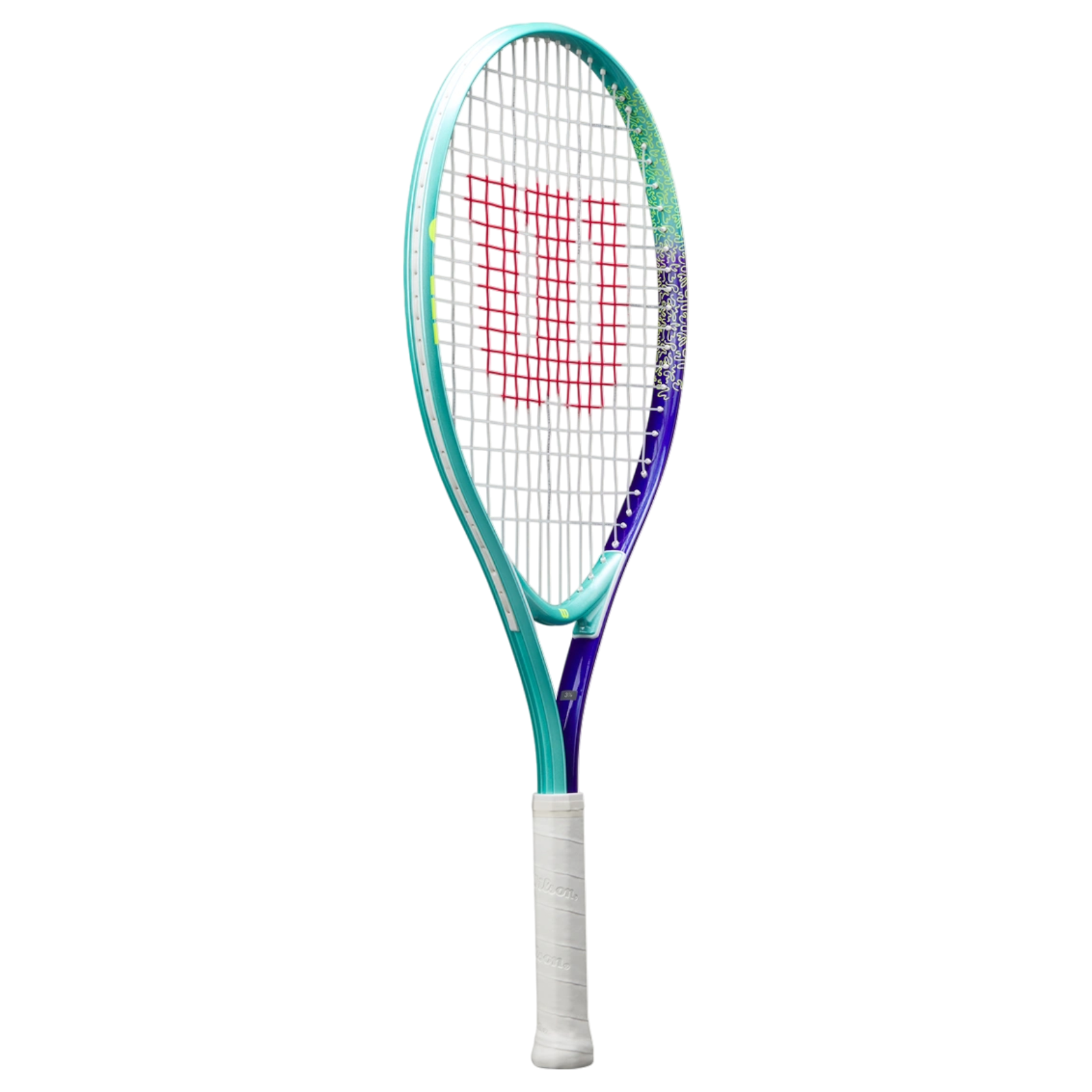 Wilson Intrigue Jr 25 tennis racquet with a vibrant teal, purple, and green frame, white grip, and red strings.