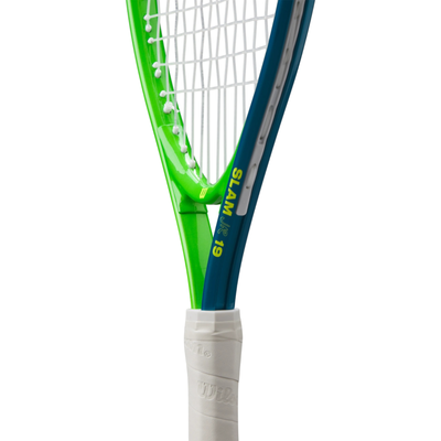 Wilson Slam Jr 19 tennis racquet with vibrant green and blue frame, white strings, and white grip.