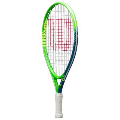 Wilson Slam Jr 19 tennis racquet with vibrant green, yellow, and blue frame, white grip, and red strings.