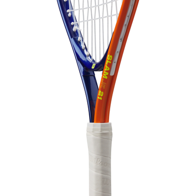 Wilson Slam Jr 21 tennis racquet with blue and orange frame, white strings, and white grip.
