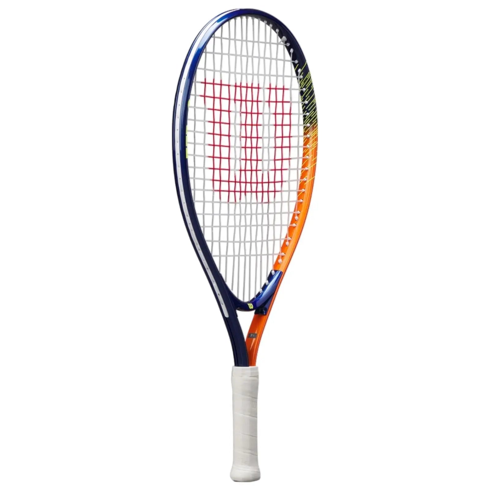 Wilson Slam Jr 21 junior tennis racquet, blue and orange frame with red strings and white grip.