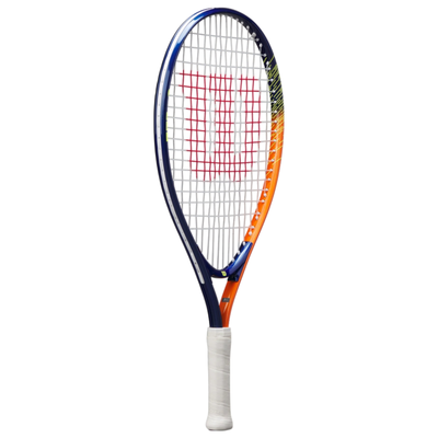 Wilson Slam Jr 21 junior tennis racquet, blue and orange frame with red strings and white grip.