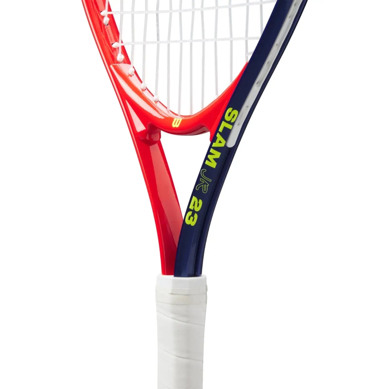 Wilson Slam Jr 23 tennis racquet with red and navy frame, white strings, and "SLAM JR 23" in neon yellow.