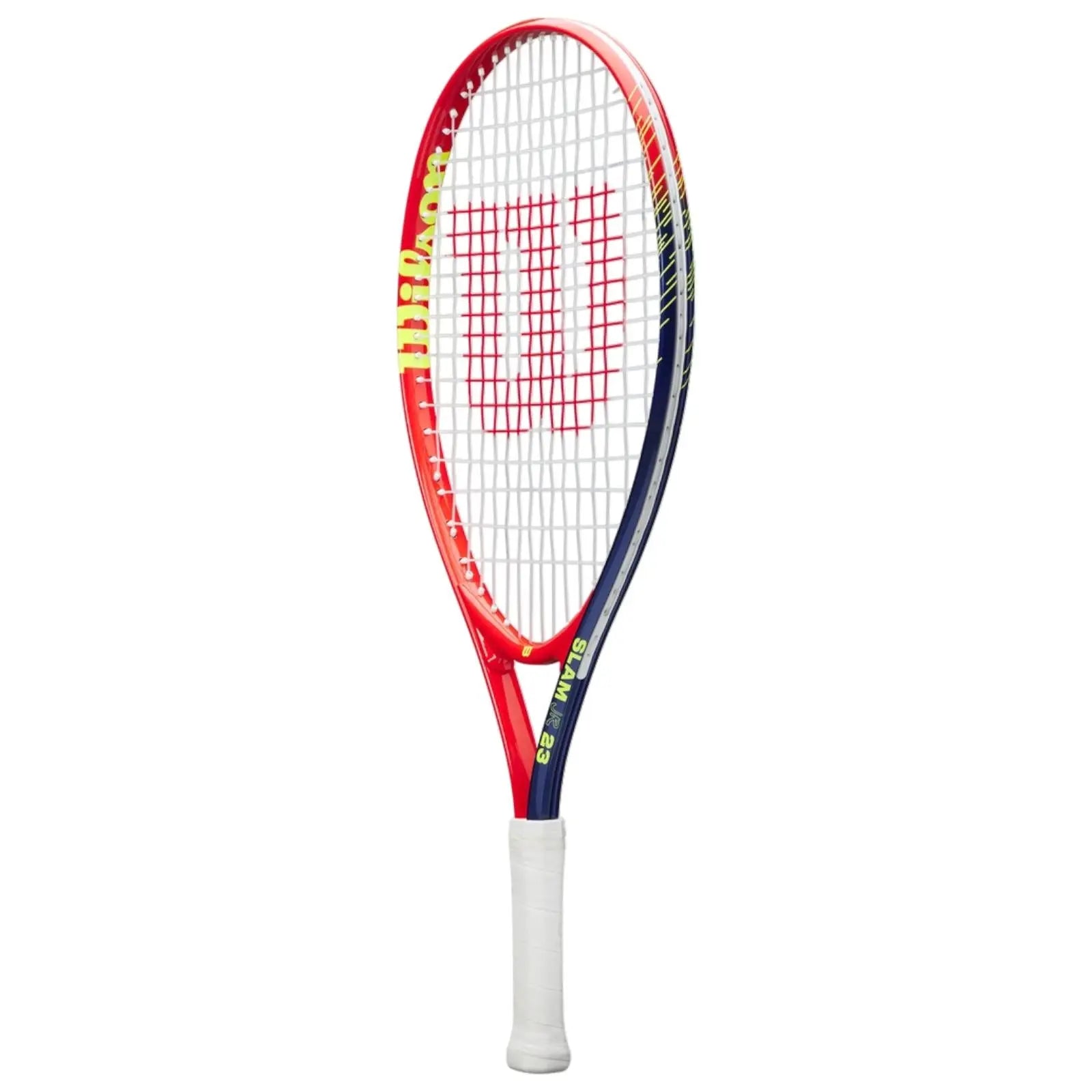Wilson Slam Jr 23 tennis racquet with red, blue, and yellow frame, white grip, and red strings.