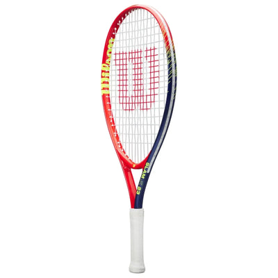 Wilson Slam Jr 23 tennis racquet with red, blue, and yellow frame, white grip, and red strings.