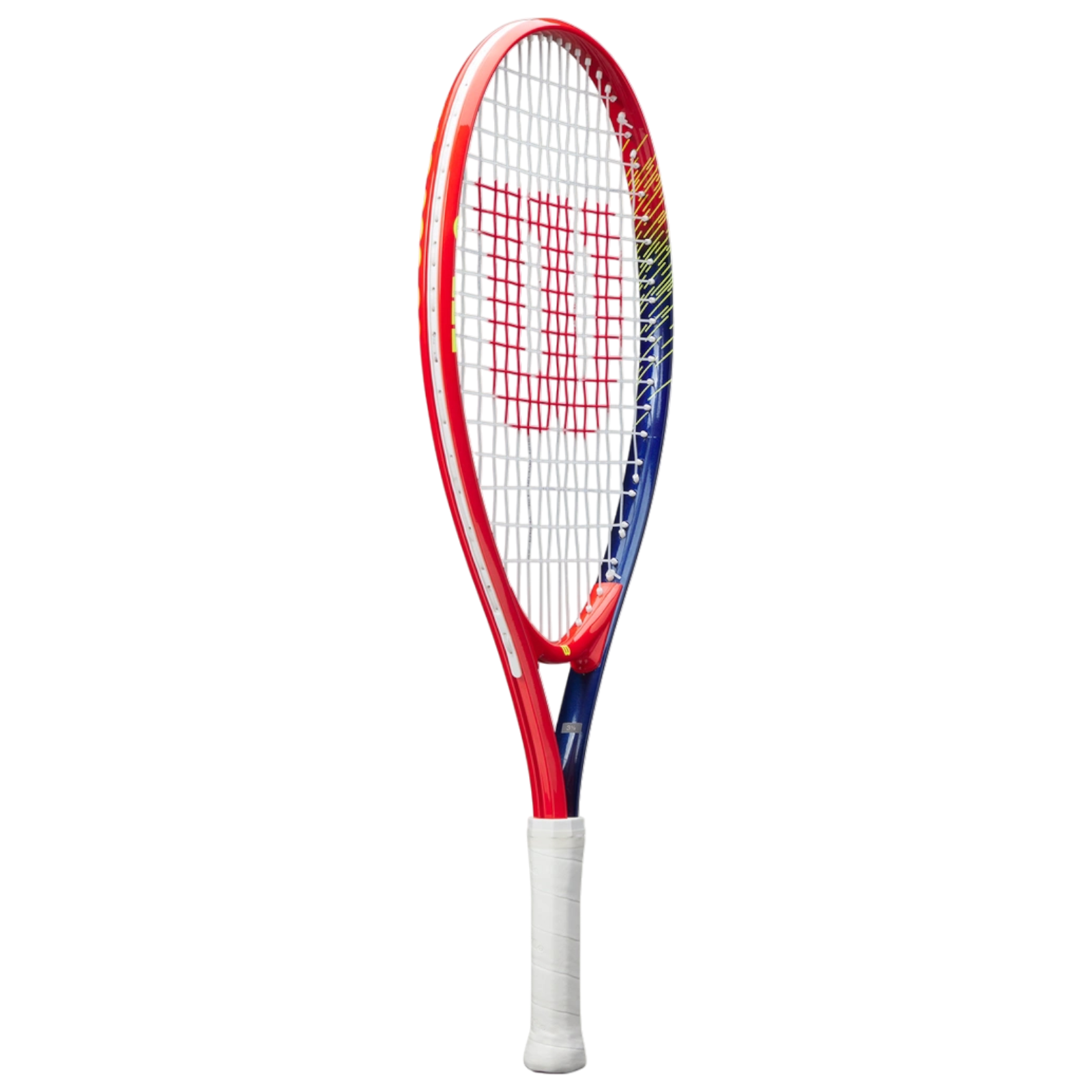 Wilson Slam Jr 23 tennis racquet with a vibrant red, blue, and rainbow design, white grip, and white strings.
