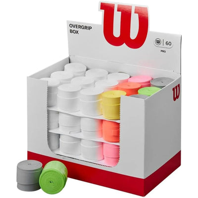 Wilson Tennis PRO Overgrip Box with 60 multi-colored overgrips, including white, pink, yellow, orange, green, and grey.