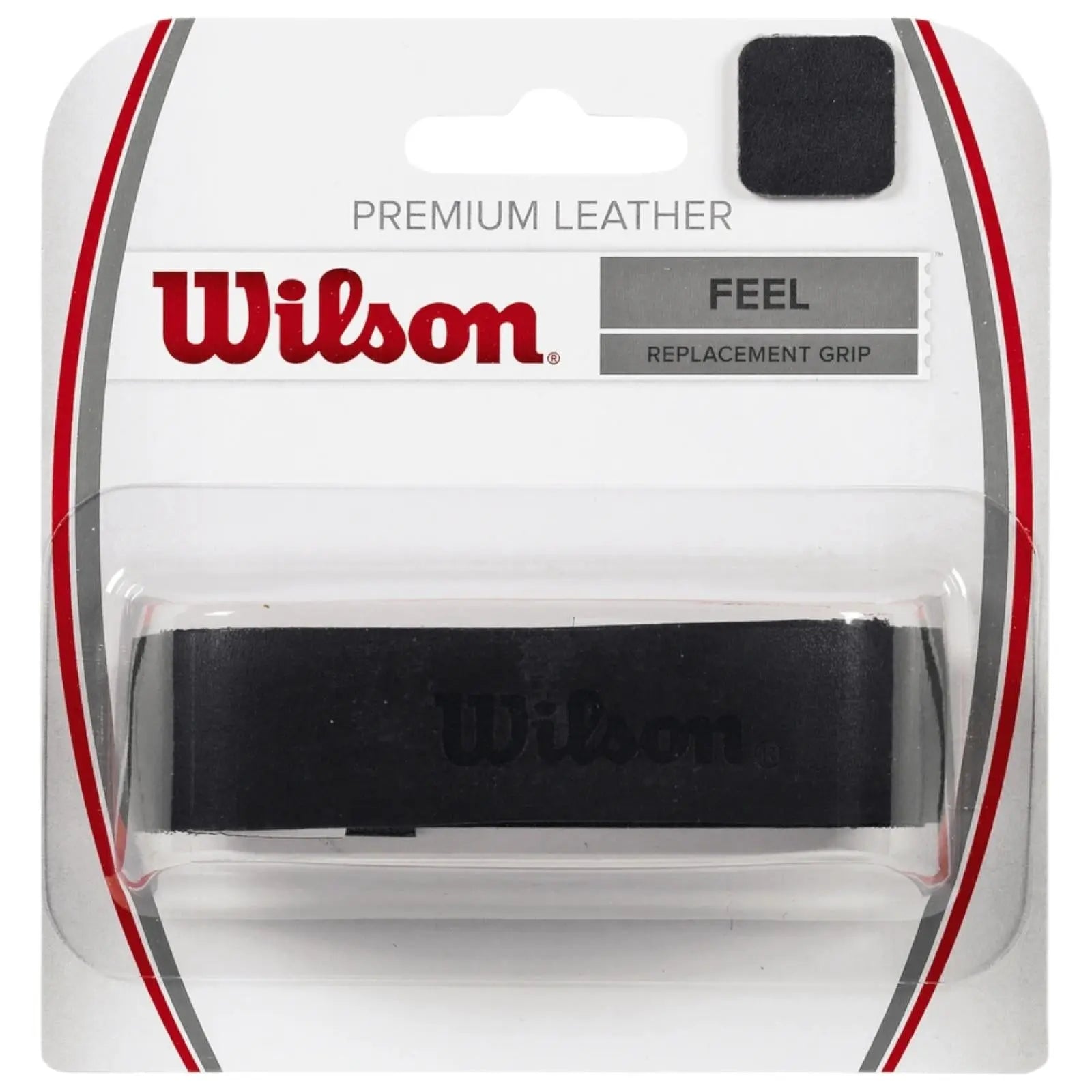 Wilson Premium Leather tennis replacement grip in black packaging, showing the black leather grip with embossed logo.