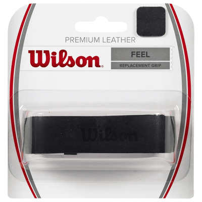 Wilson Premium Leather tennis replacement grip in black packaging, showing the black leather grip with embossed logo.