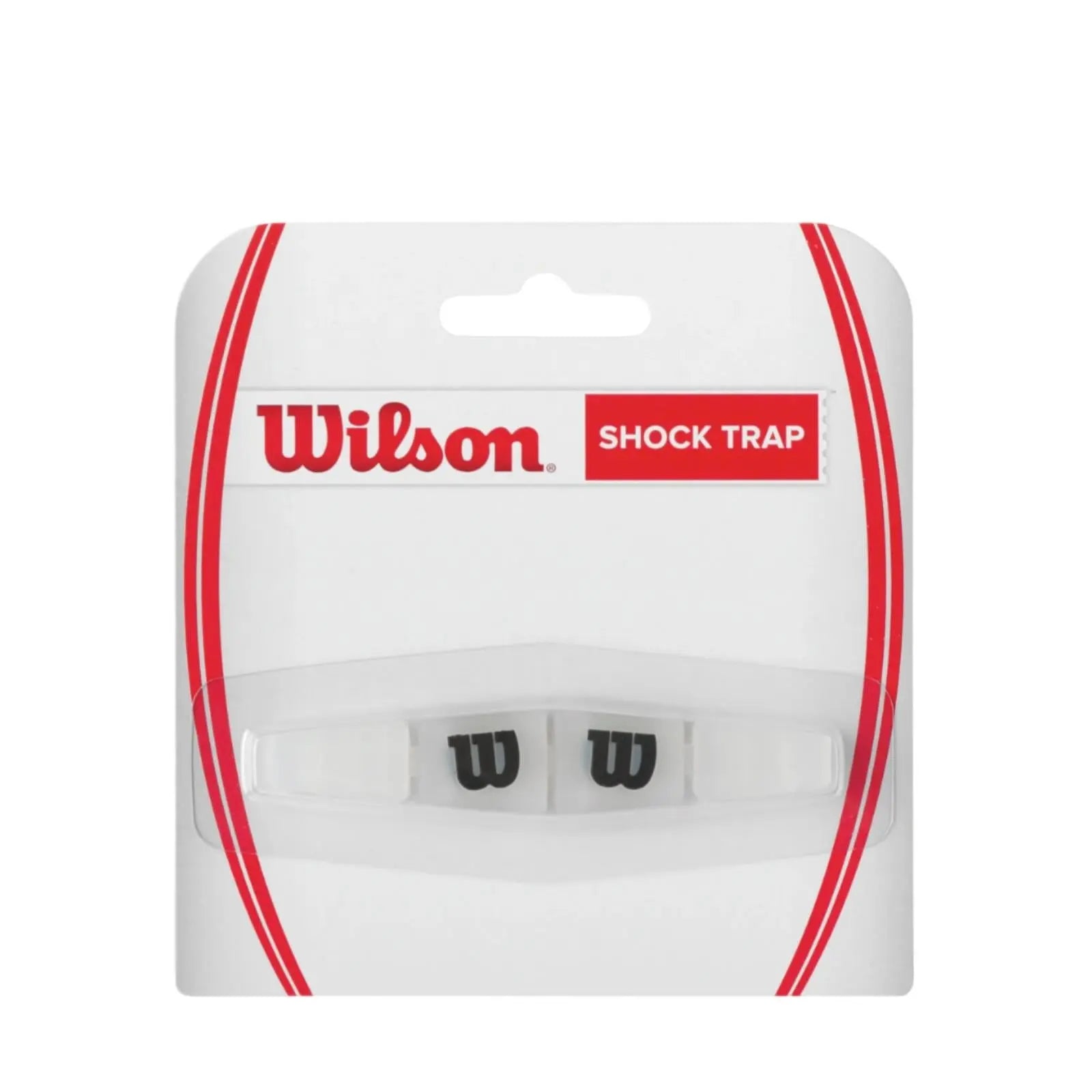 Wilson Shock Trap tennis racquet dampener in clear four-piece design with black "W" logos, in packaging.