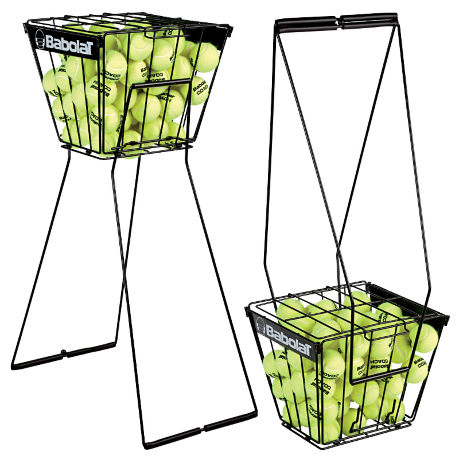 Black Babolat tennis ball basket, holding 72 balls, shown with legs extended and folded.