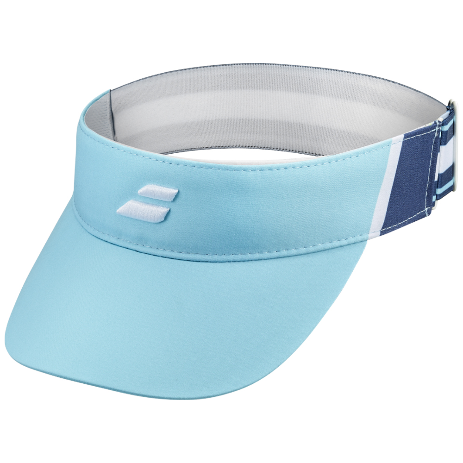 Babolat Angel Blue/White elastic tennis visor with white logo and striped adjustable strap.