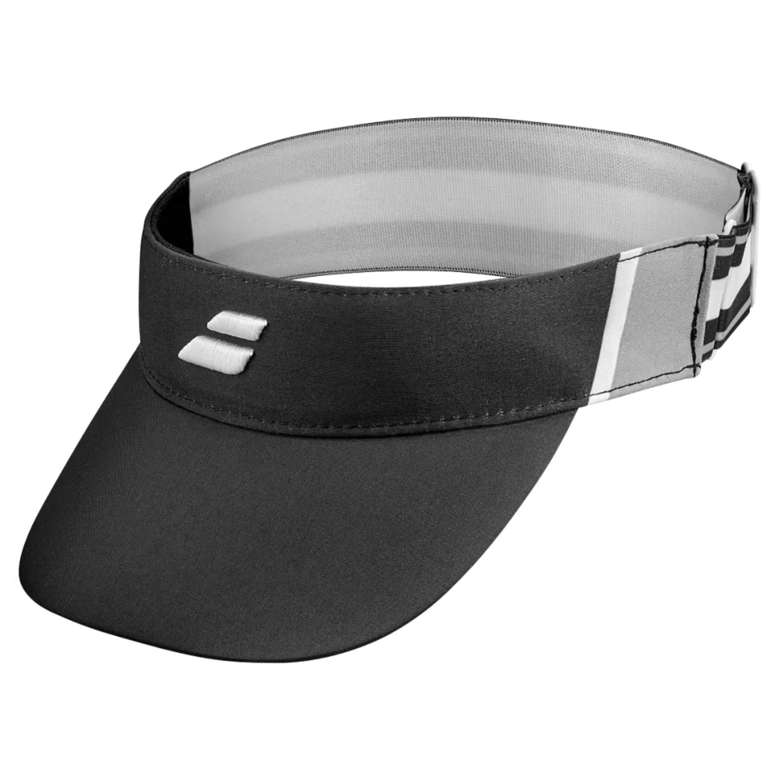 Babolat black polyester tennis visor with white logo, elastic back, and gray/white striped band.