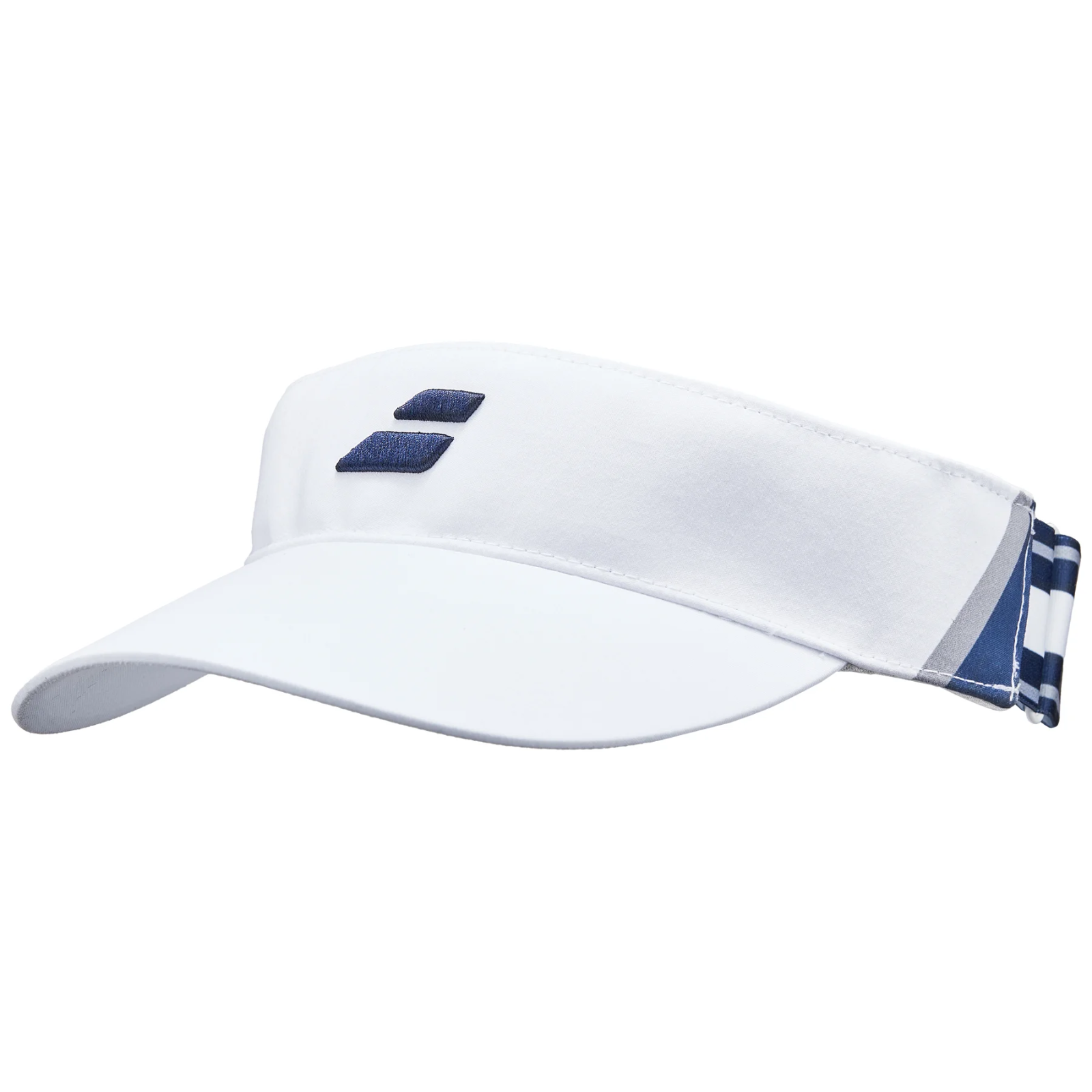White Babolat Elastic Visor with embroidered blue logo, pre-shaped bill, and blue/white striped elastic back.