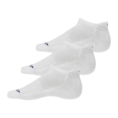 Three white Babolat invisible socks with blue logos, showing ventilated zones and elastic bands.