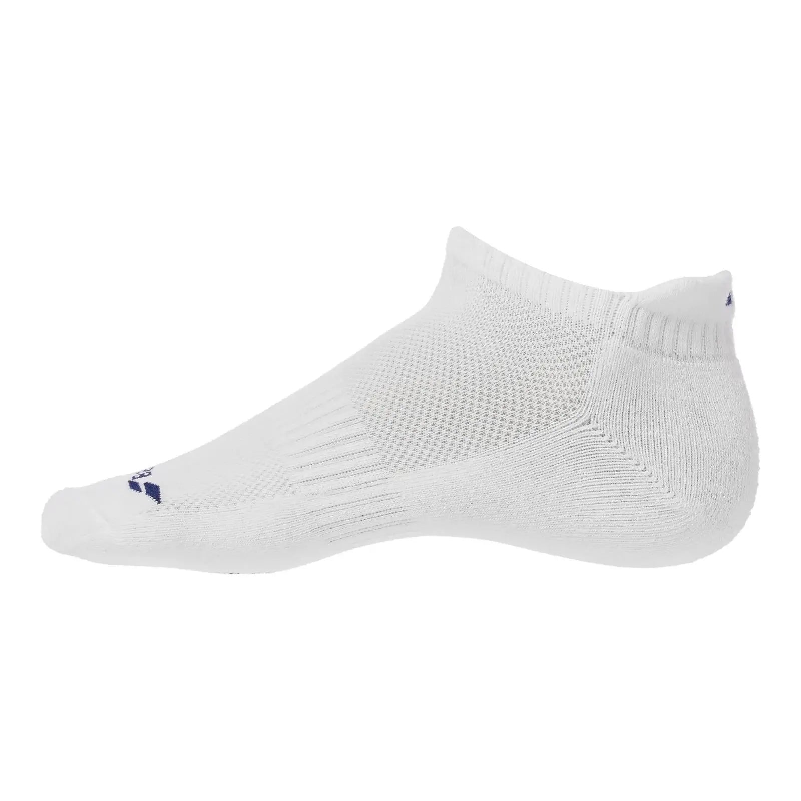 White Babolat invisible women's sock with blue logo, ventilated top, and elastic arch band.