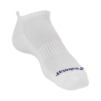 White Babolat invisible sock with blue logo, ventilated top, and elastic arch band.