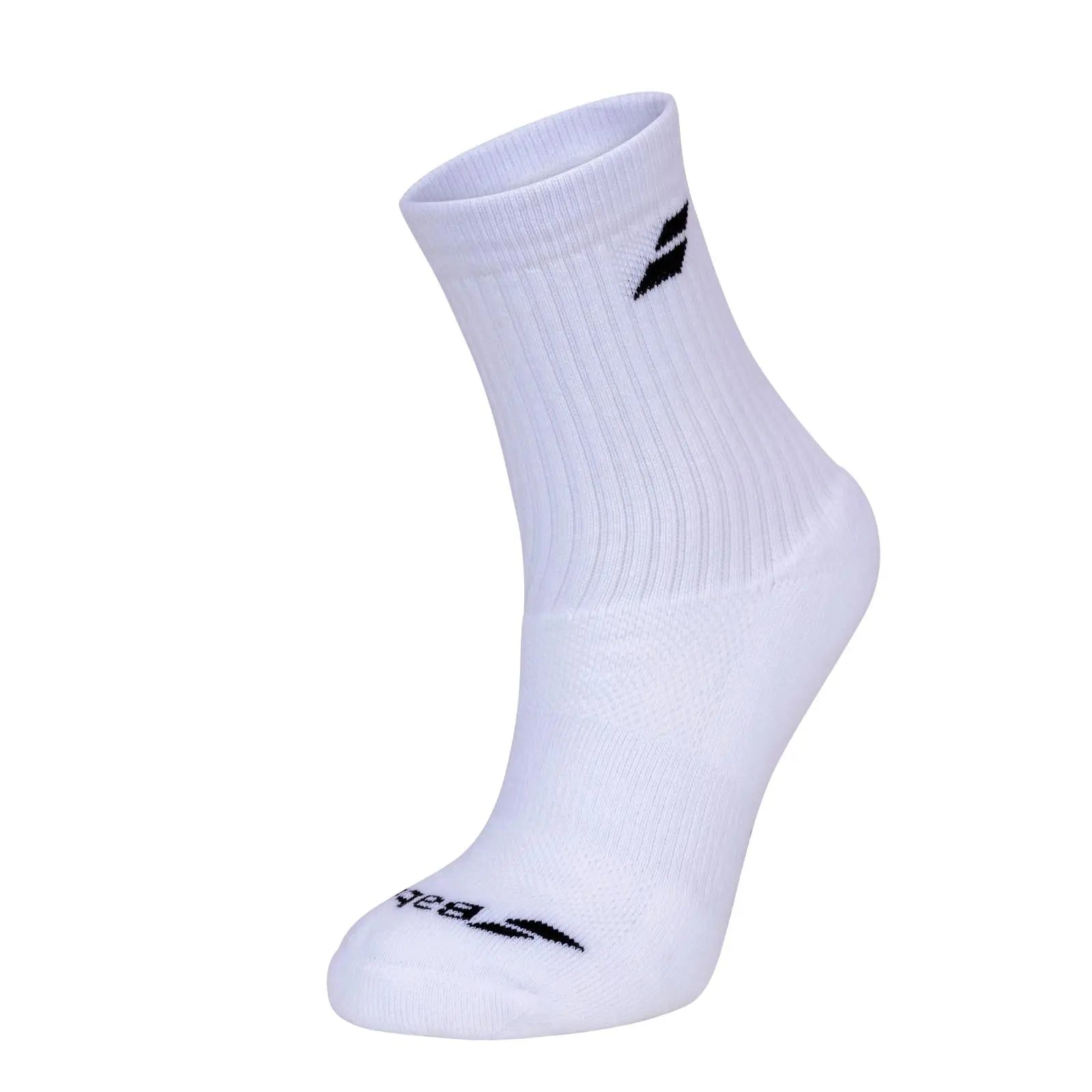 White Babolat Invisible cotton-blend sports sock with black logo, arch support, and ventilated zones.