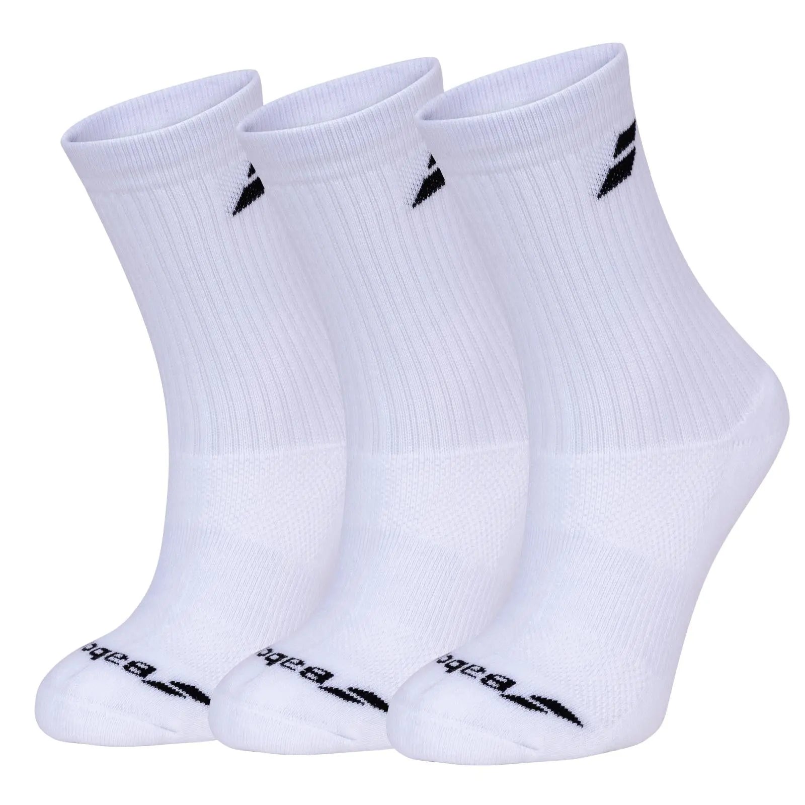 Three pairs of white Babolat Invisible socks with black logos, arch support, and ventilated zones.