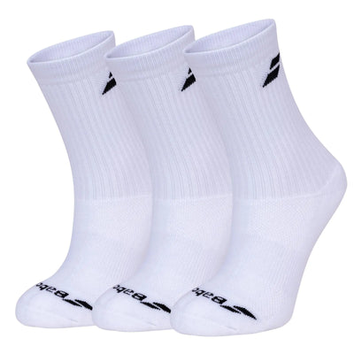 Three pairs of white Babolat Invisible socks with black logos, arch support, and ventilated zones.
