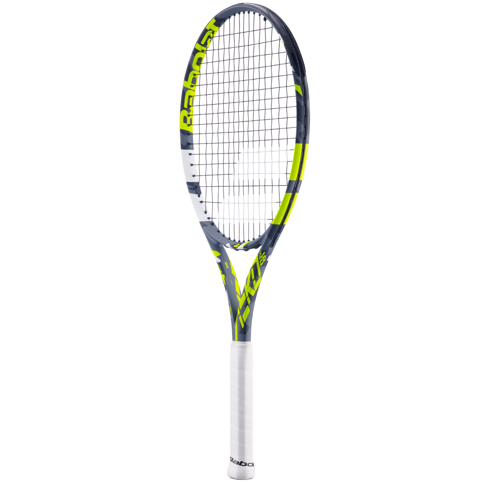 Babolat Aero Junior 25 tennis racquet with dark grey, bright yellow, and white design, white grip.