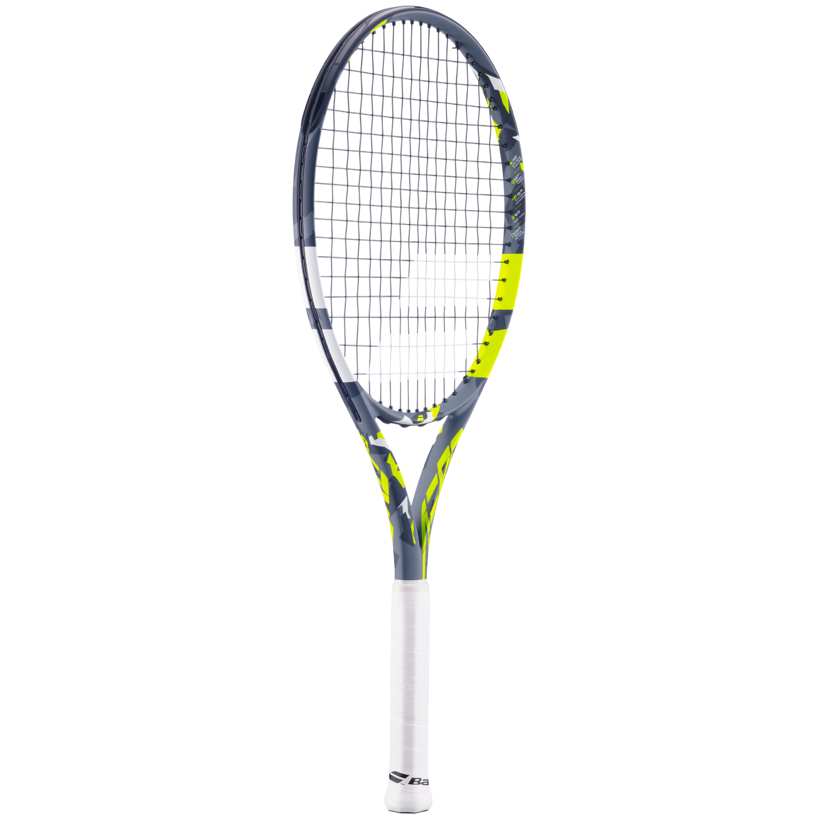 Babolat Aero Junior 26 tennis racquet, gray, white, and neon yellow with a white grip.