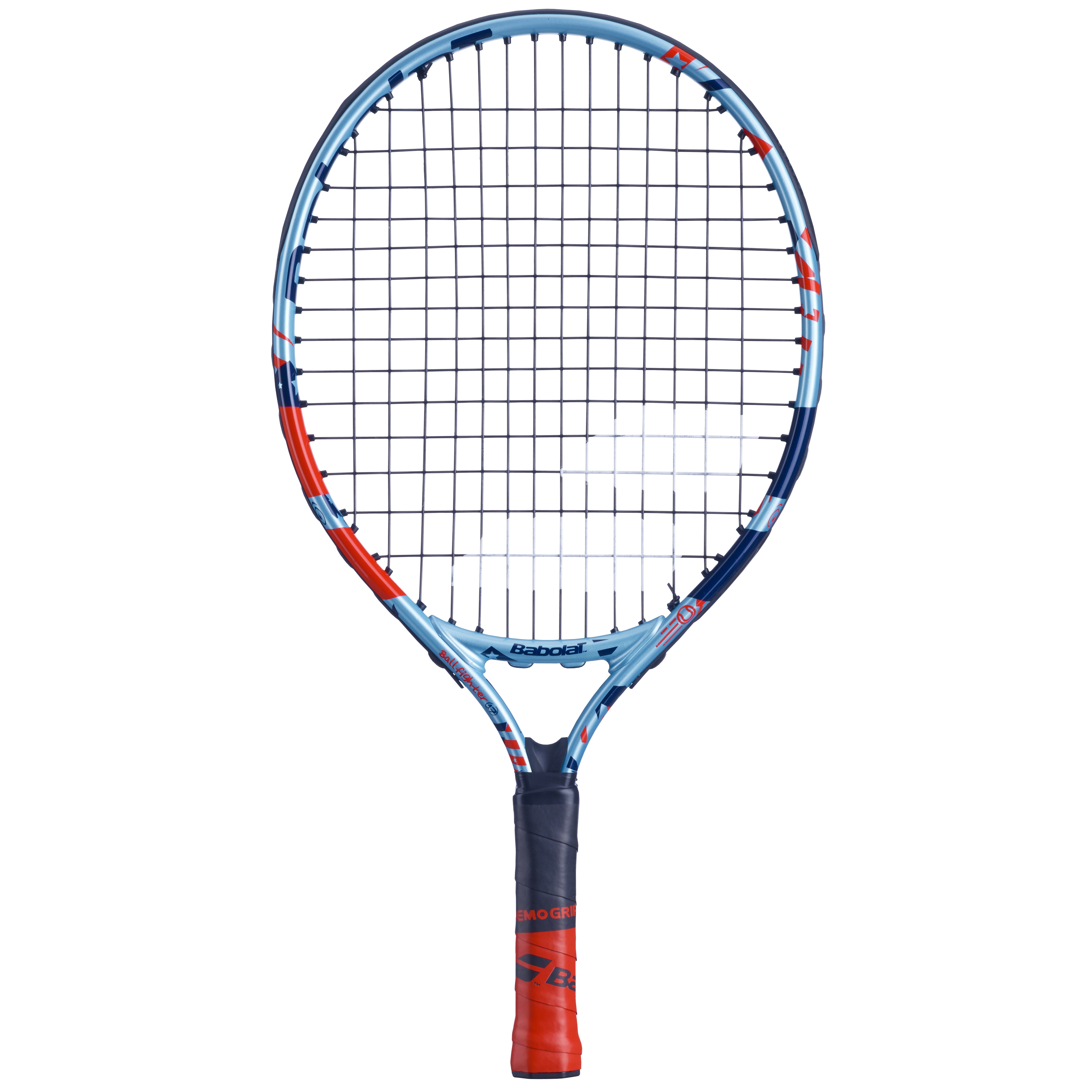Babolat Ballfighter 17 junior tennis racquet, blue and orange with a black grip.