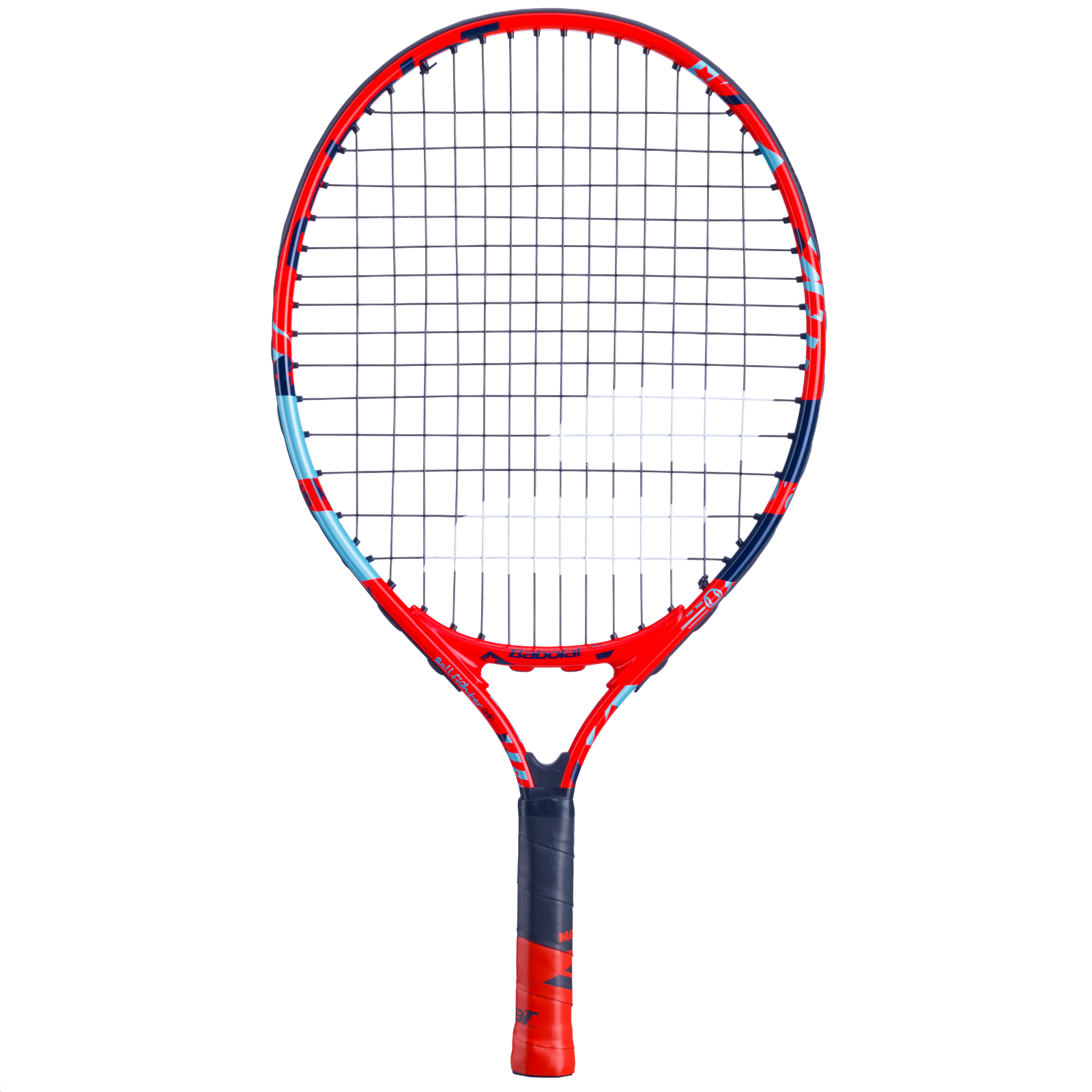 Red and blue Babolat Ballfighter 19 junior tennis racquet with black strings and grip.