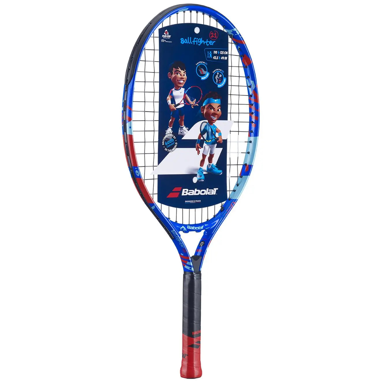Babolat Ballfighter 21 junior tennis racquet, blue and red with black grip, featuring product tag.