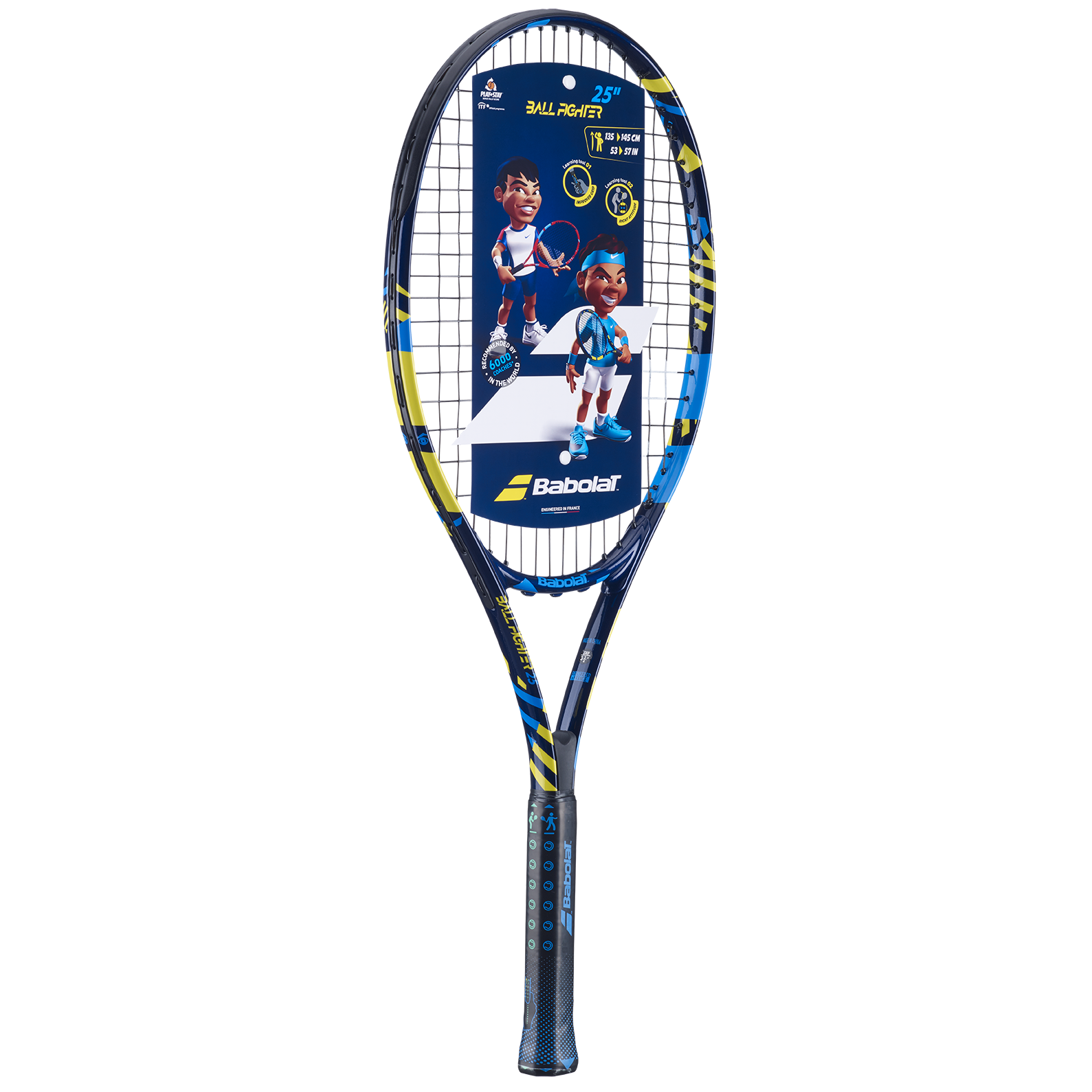 Babolat Ballfighter 25 junior tennis racquet, blue and yellow design, with product tag.