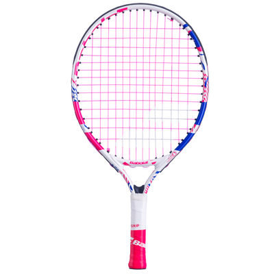 Babolat B'Fly 17 junior tennis racquet, white frame with pink strings, blue and pink accents.