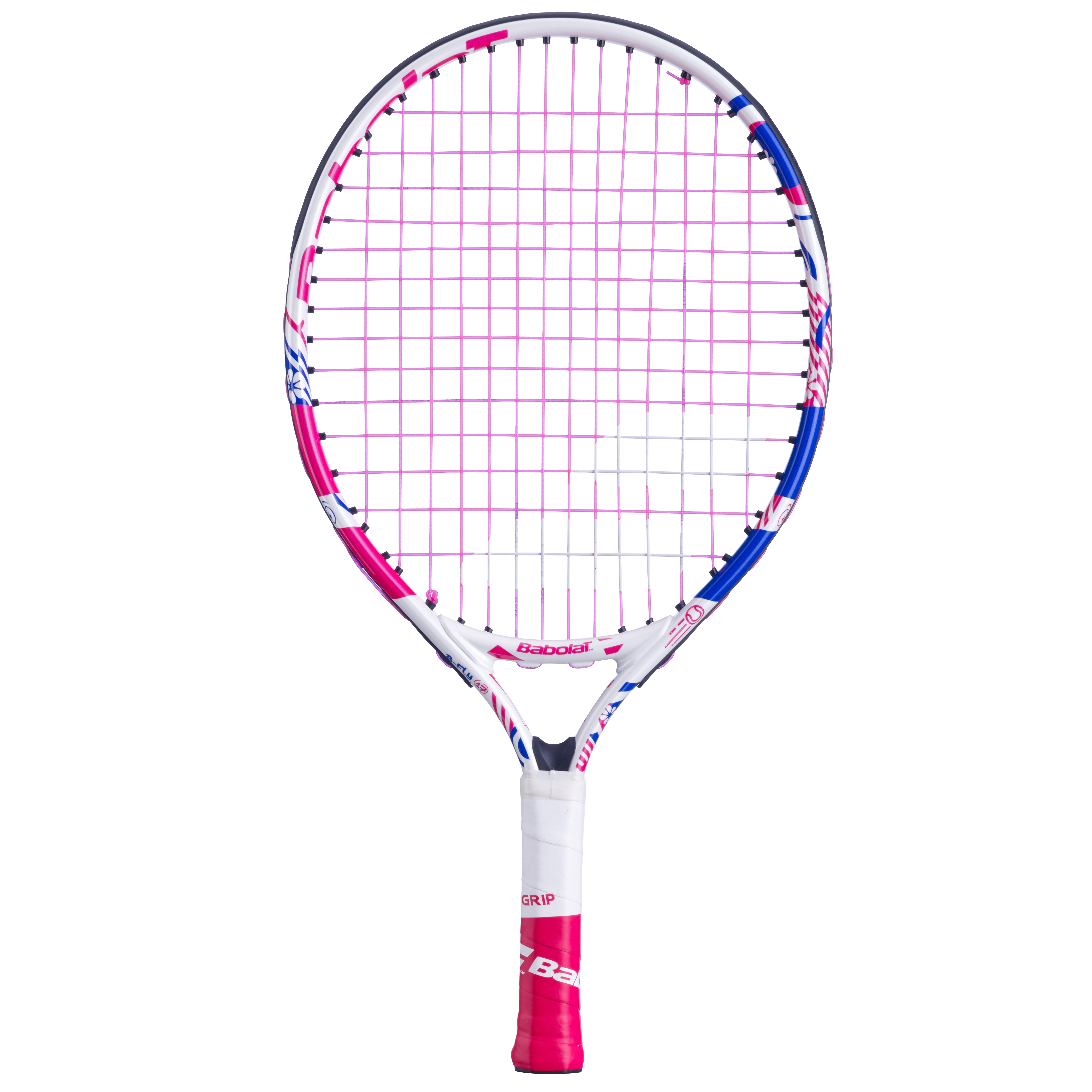Babolat B'Fly 17 junior tennis racquet, white frame with pink strings, blue and pink accents.
