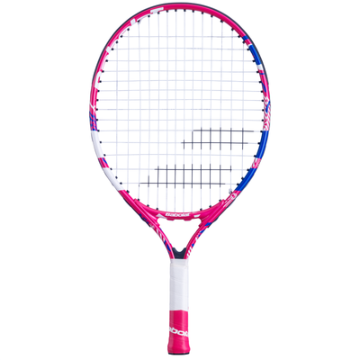 Pink and white Babolat B'Fly 19 junior tennis racquet with blue accents and white grip.