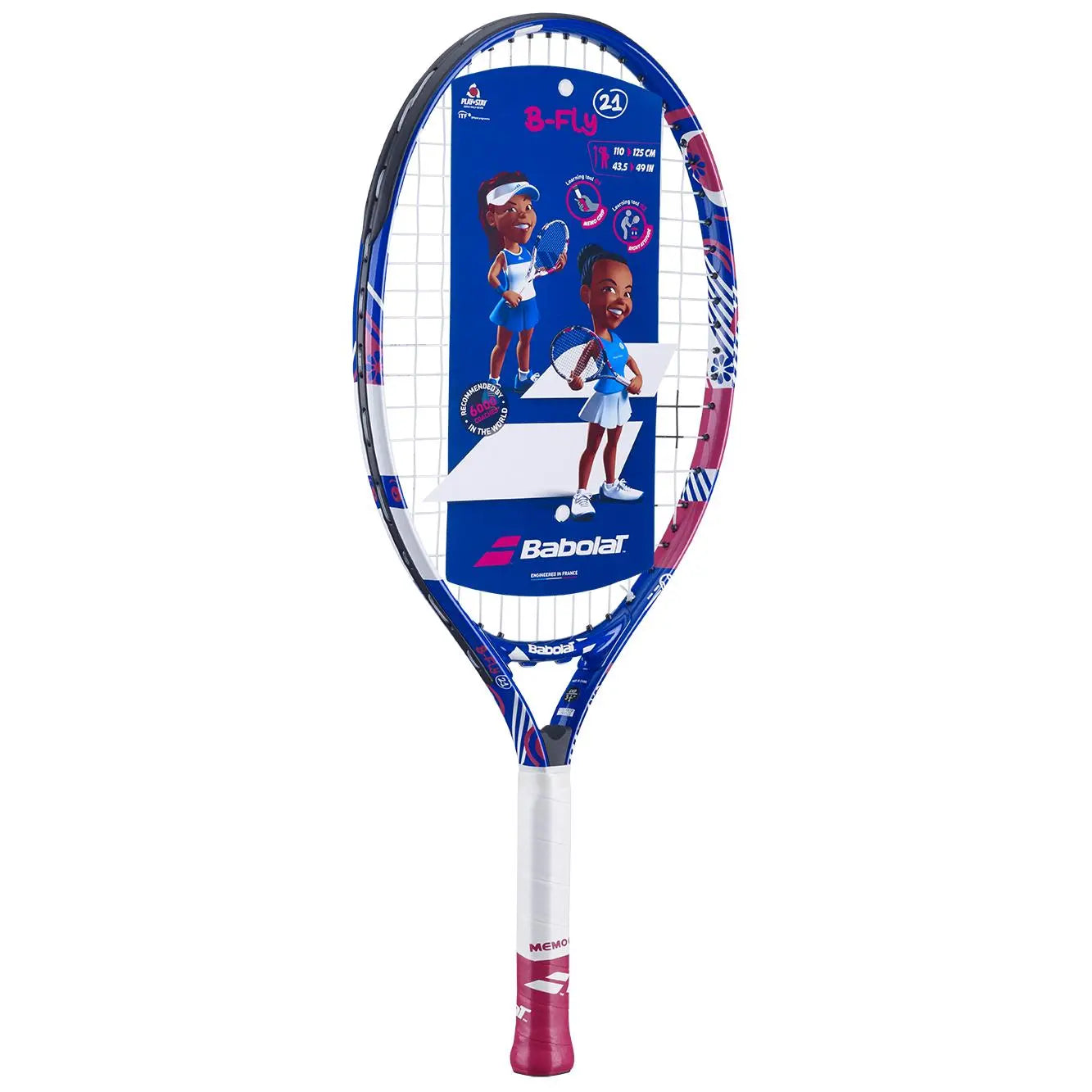 Babolat B'Fly 21 junior tennis racquet, blue, white, and pink with cartoon graphics.