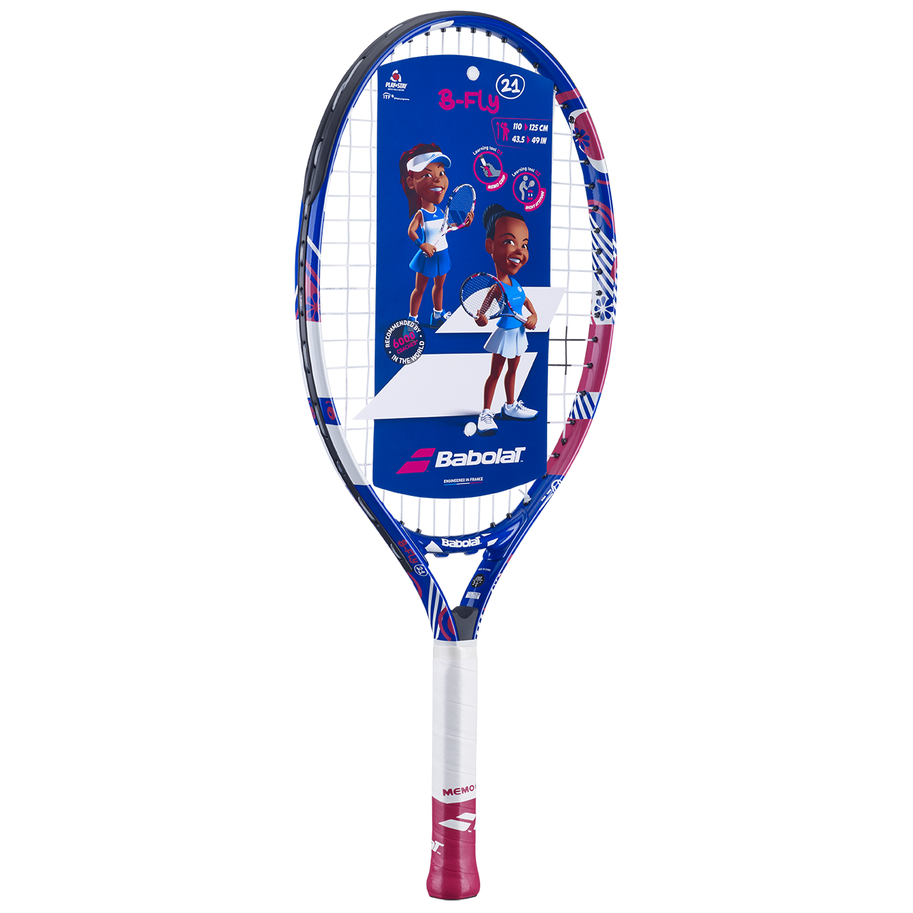 Babolat B'Fly 21 junior tennis racquet, blue, white, and pink with cartoon graphics.