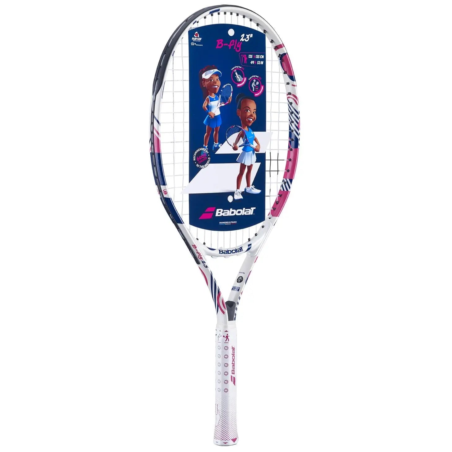 White, pink, and blue Babolat B'Fly 23 junior tennis racquet with hang tag.