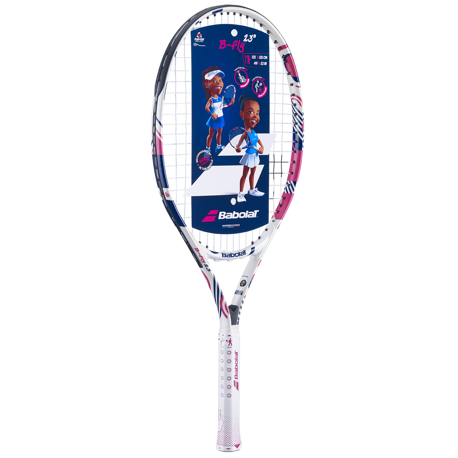 White, pink, and blue Babolat B'Fly 23 junior tennis racquet with hang tag.