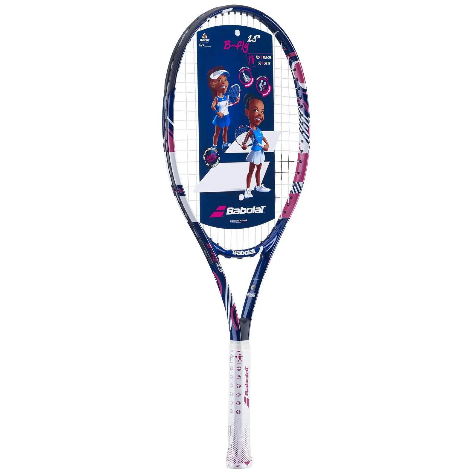 Babolat B'Fly 25 junior tennis racquet, blue and pink with white grip, 25-inch size, for ages 8-10.