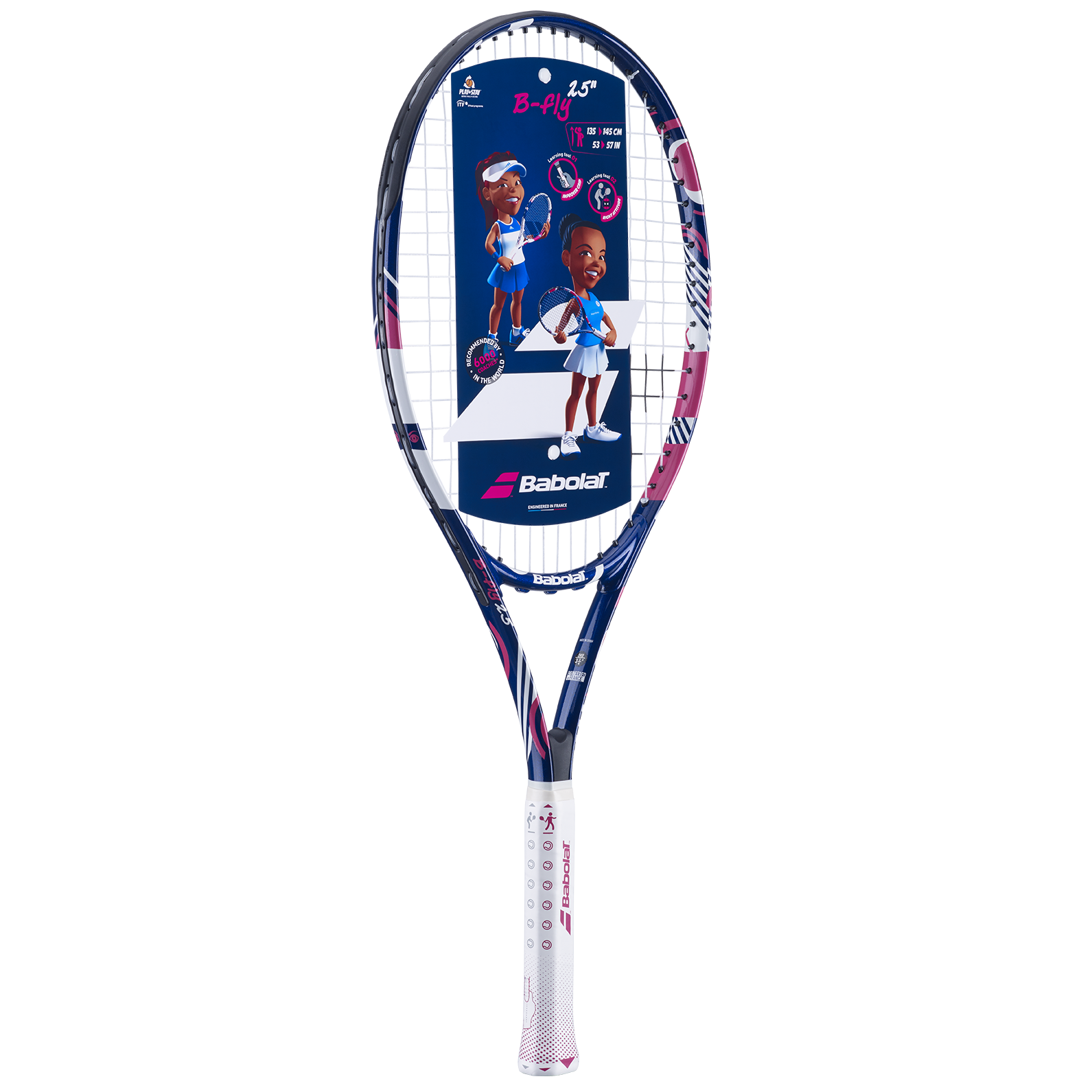 Babolat B'Fly 25 junior tennis racquet, blue and pink with white grip, 25-inch size, for ages 8-10.