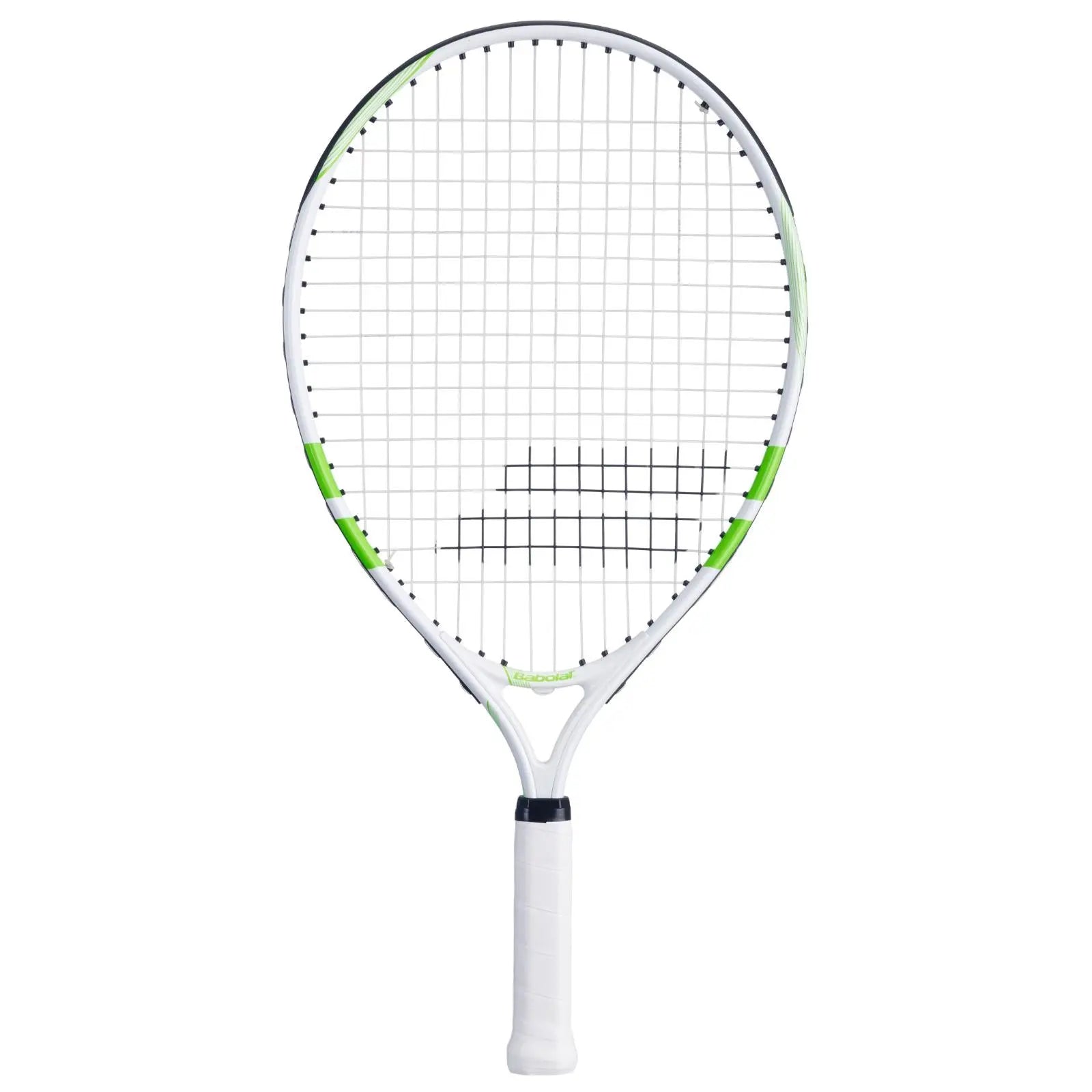 White and green Babolat Comet Junior 21 tennis racquet with black strings and white grip.