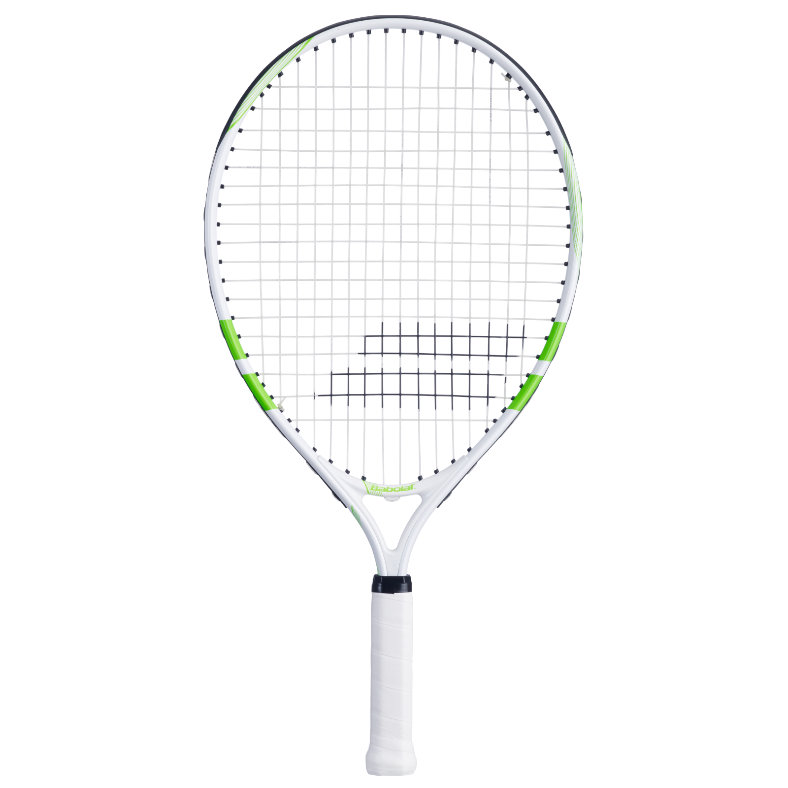 White and green Babolat Comet Junior 21 tennis racquet with black strings and white grip.