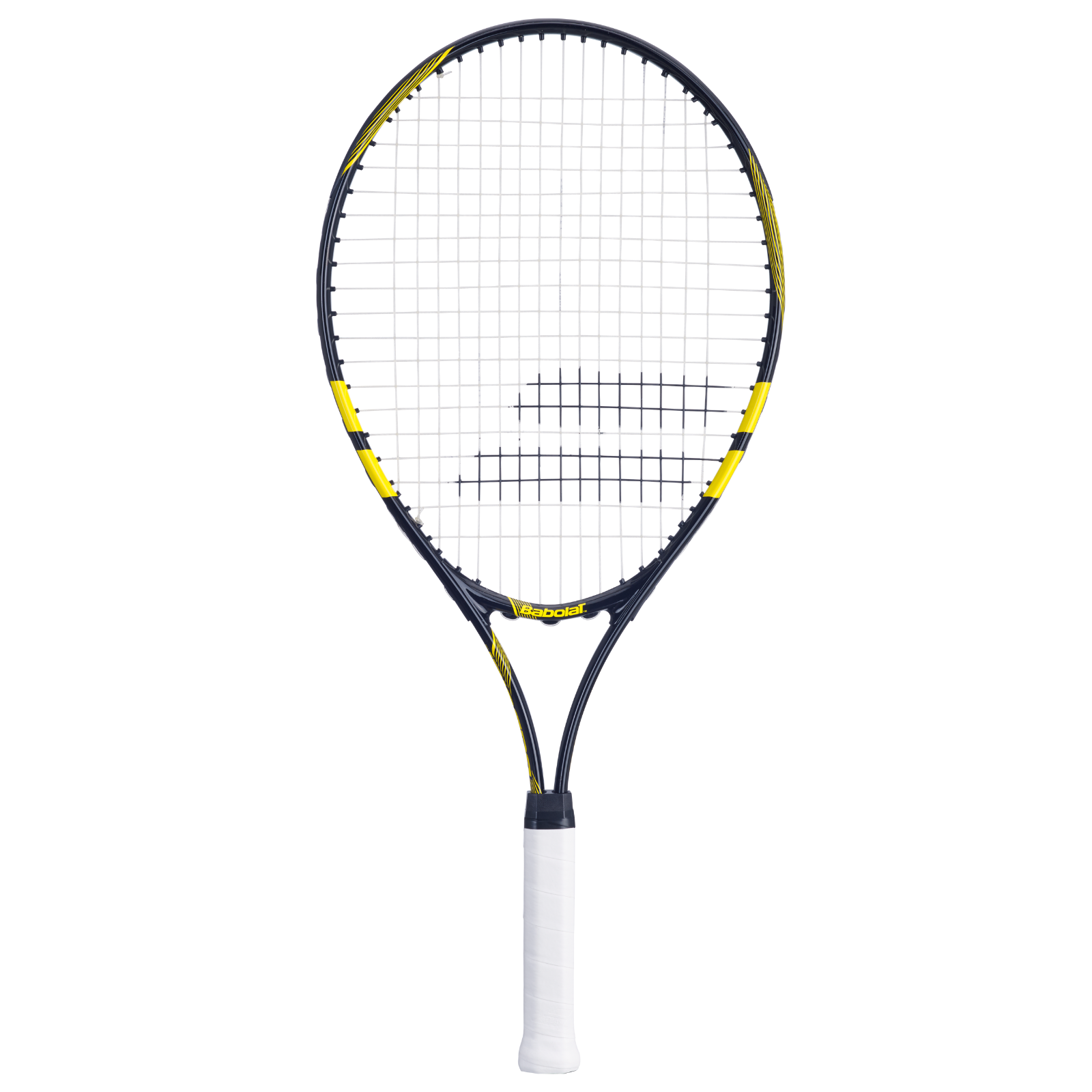 Babolat Comet Junior 25 tennis racquet, black with yellow accents, white grip, and white strings.