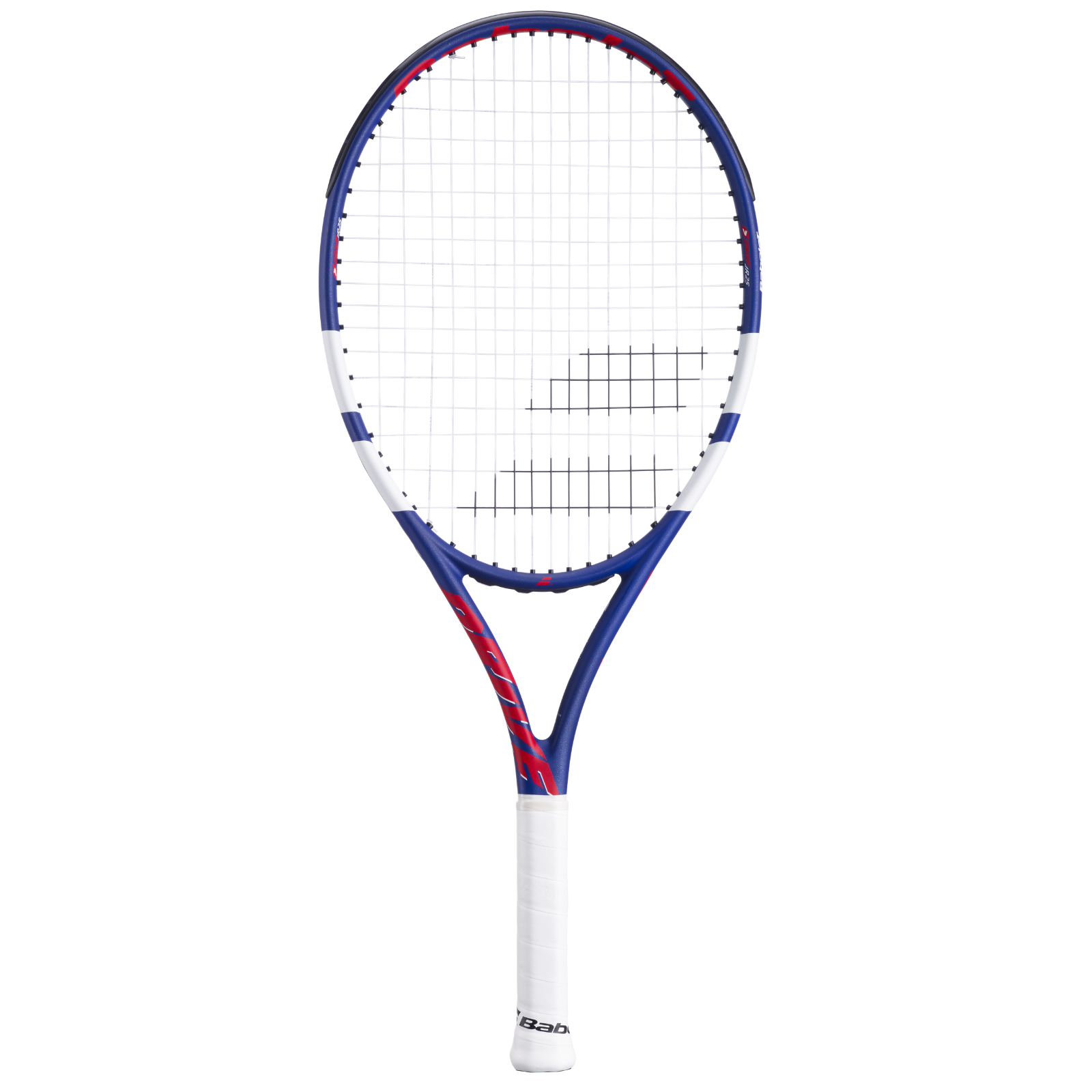 Babolat Drive Jr 25 junior tennis racquet, blue and red frame with white grip and strings.
