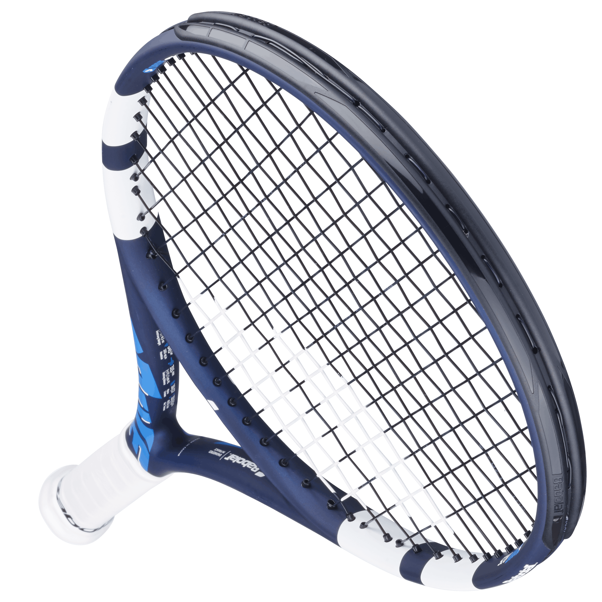 Babolat Drive Junior 25 tennis racquet in blue and black with white accents and grip.